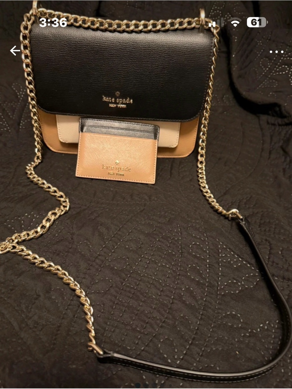 kate spade Black,Tan&Cream Chain Crossbody w/Gold Hardware W/matching cc wallet